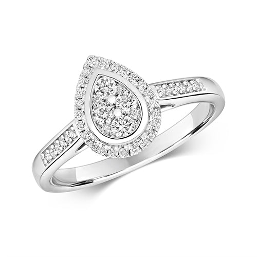 White Gold Pear Shaped Halo Diamond Cluster Engagement Ring