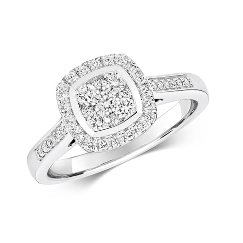 White Gold Cushion Shaped Halo Cluster Diamond Engagement Ring