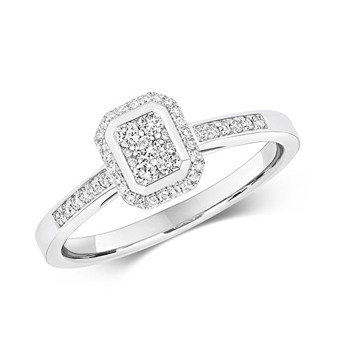 White Gold Rectangle Halo Diamond Cluster Engagement Ring
