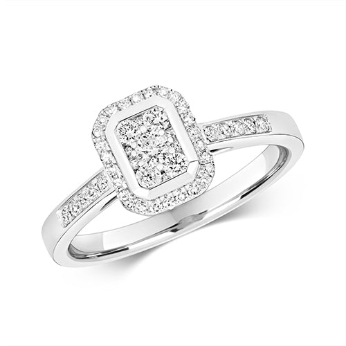 White Gold Diamond Rectangle Halo Cluster Engagement Ring