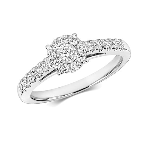 9ct White Gold Ladies Halo Diamond Cluster Ring With Diamond Set Shoulders