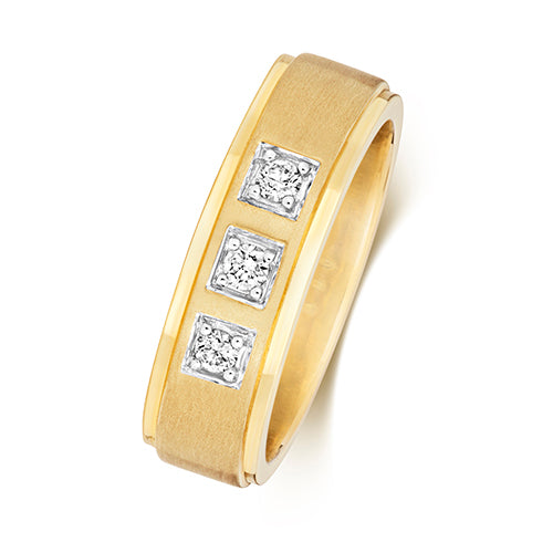 9ct Yellow Gold Satin and Mirror Finish Gents Diamond Set Wedding Ring