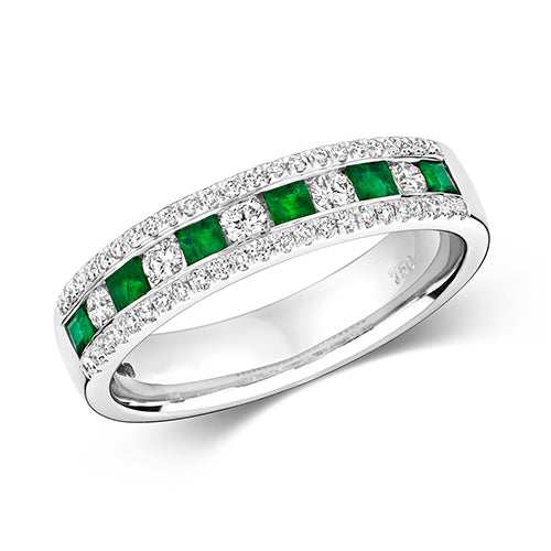 Ladies 18ct White Gold Square Cut Emerald And Brilliant Cut Diamond Ring