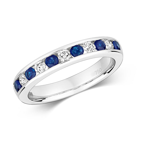 Ladies 18ct White Gold Channel Set Diamond And Sapphire Eternity Ring