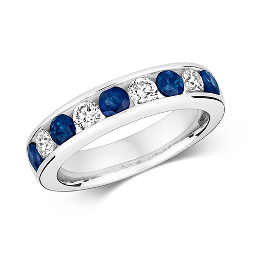 18ct White Gold Channel Set Diamond And Sapphire Eternity Ring