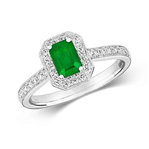 Ladies18ct White Gold Emerald Cut Emerald And Diamond Halo Cluster Ring