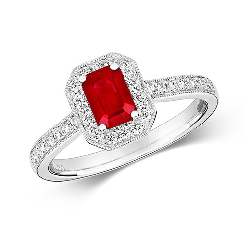 Ladies 18ct White Gold Emerald Cut Ruby And Diamond Halo Cluster Ring