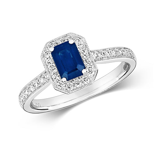 Ladies 18ct White Gold Emerald Cut Sapphire And Diamond Cluster Ring