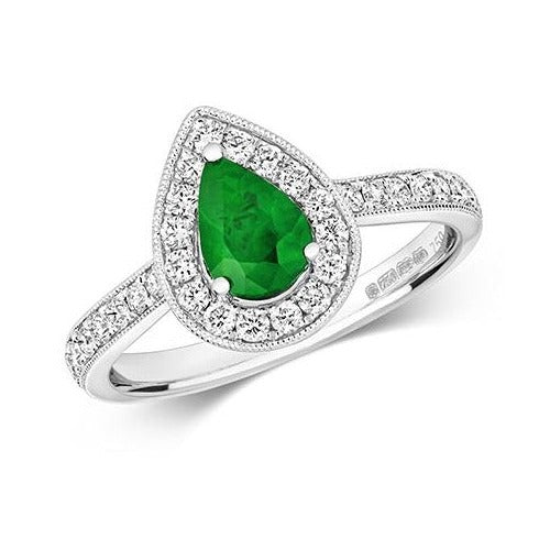 18ct White Gold Pear Shaped Emerald And Diamond Cluster Ring