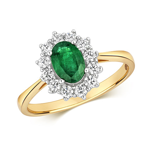 Ladies 18ct Yellow Gold Emerald And Diamond Cluster Ring