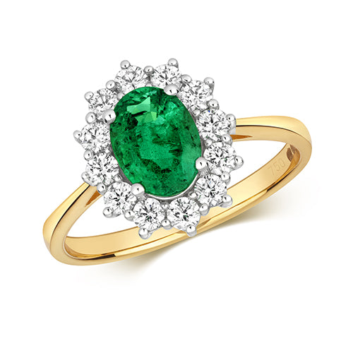 Ladies 18ct Yellow Gold Emerald And Diamond Cluster Ring