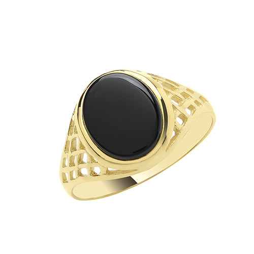 Gents 9ct Yellow Gold Oval Black Onyx Signet Ring With Open Basket Design Shoulders