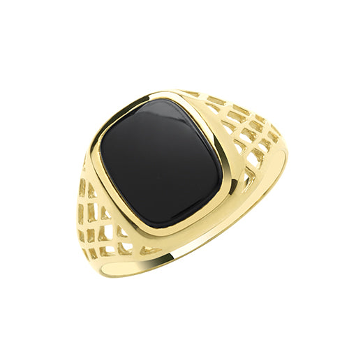Gents 9ct Yellow Gold Cushion Black Onyx Signet Ring With Open Basket Design Shoulders