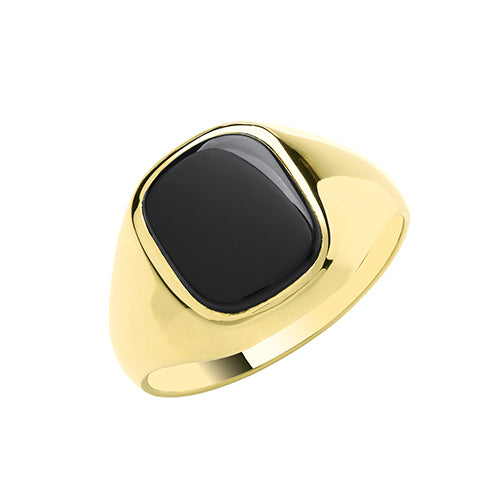 Gents 9ct Yellow Gold Cushion Black Onyx Signet Rings With Plain Shoulders