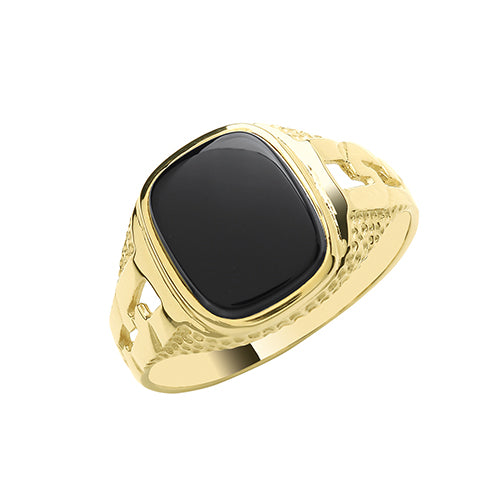 Gents 9ct Yellow Gold Cushion Black Onyx Signet Ring With Curb Shoulders