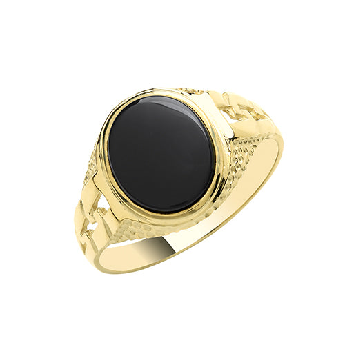 Gents 9ct Yellow Gold Oval Black Onyx Signet Rings With Curb Shoulders
