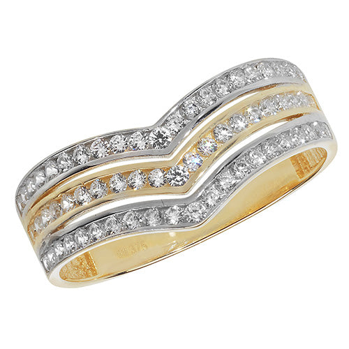 Ladies 9ct Yellow And White Gold 3 Row Shaped Cubic Zirconium Ring