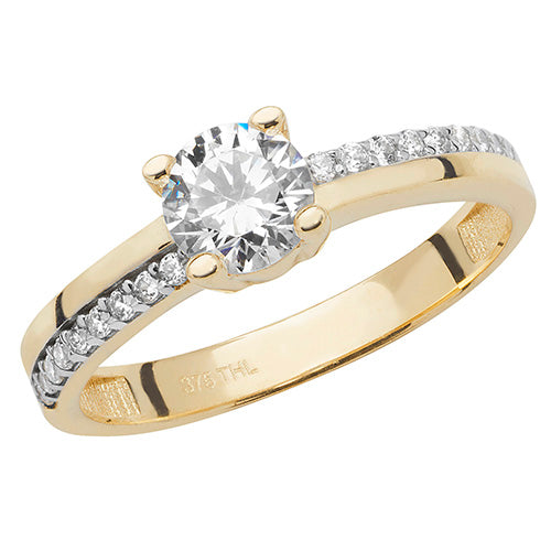 Ladies 9ct Yellow Gold Cubic Zirconium Offset Claw Shoulders Ring