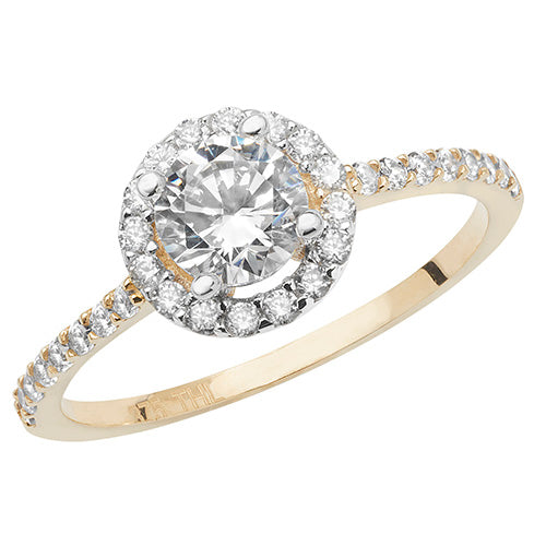 Ladies 9ct Yellow Gold With A Centre Cubic Zirconium Ring With Outer And Stone Set Shoulders RIng