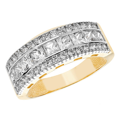 Ladies 9ct Yellow Gold Ring With Centre Row Of Princess Cut And Outer Edge Cubic Zirconium Ring