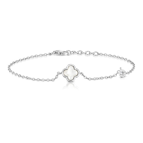 Ladies Silver London & Co Mother Of Pearl Clover Shape And Round Cubic Zirconium Stone Rhodium Plated Bracelet