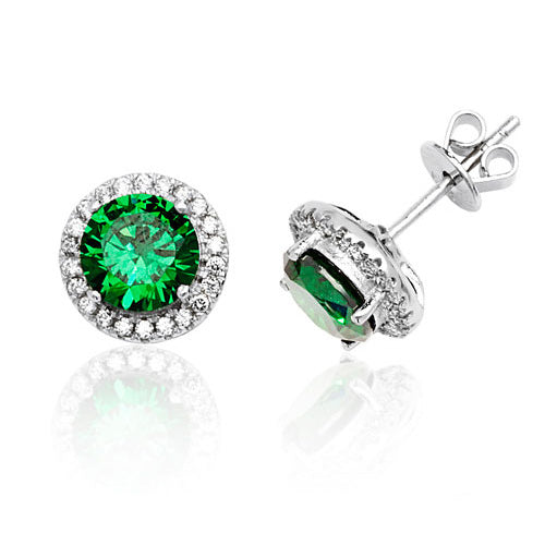 Ladies Silver Halo Style Round Green Cubic Zirconium Stud Earrings