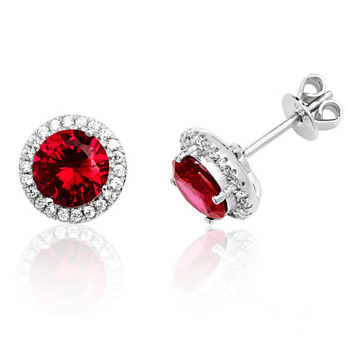 Ladies Silver Halo Style Round Red Colour Cubic Zirconium Stud Earrings