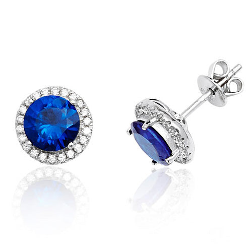 Ladies Silver Halo Style Round Sapphire Blue Colour Cubic Zirconium  Stud Earrings