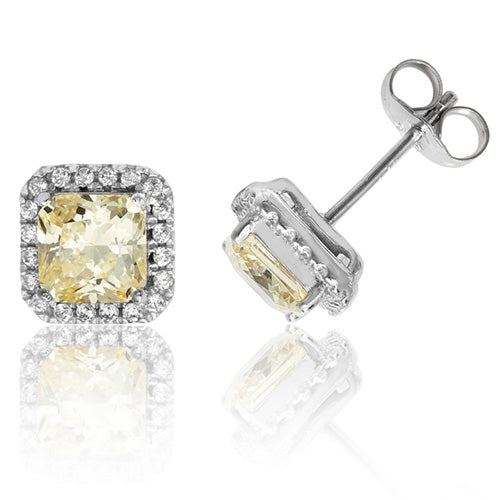 Ladies Silver Halo Style Square Yellow Colour Cubic Zirconium Stone Stud Earrings