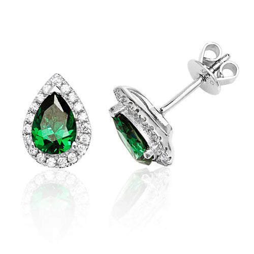 Ladies Silver Halo Style Pear Shape Green Colour Cubic Zirconium Stud Earrings