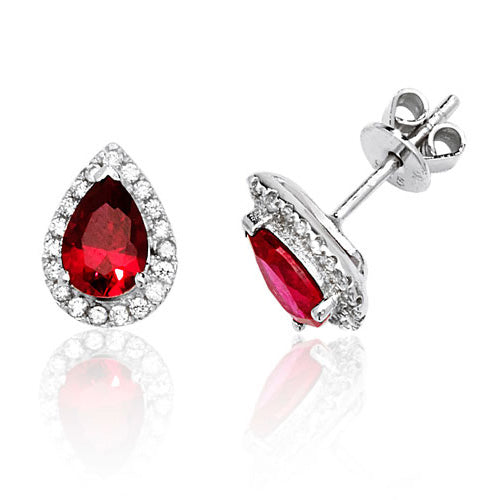 Ladies Silver Halo Style Pear Shape Red Colour Cubic Zirconium Stud Earrings