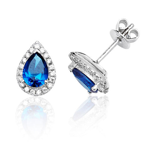 Ladies Silver Halo Style Pear Shape Blue Colour Cubic Zirconium Stud Earrings