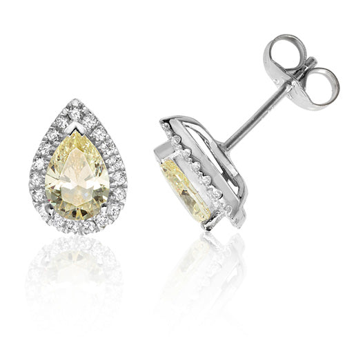 Ladies Silver Halo Style Pear Shape Yellow Colour Cubic Zirconium Stud Earrings