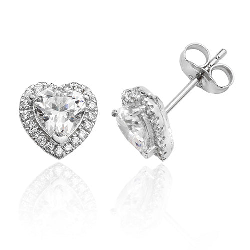 Ladies Silver Halo Style Heart  Shape Cubic Zirconium Stud Earrings