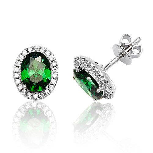 Ladies Silver Halo Style Oval Green Colour Cubic Zirconium Stud Earrings