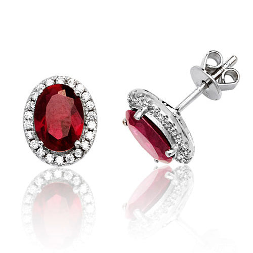 Ladies Silver Halo Style Red Colour Cubic Zirconium Stud Earrings