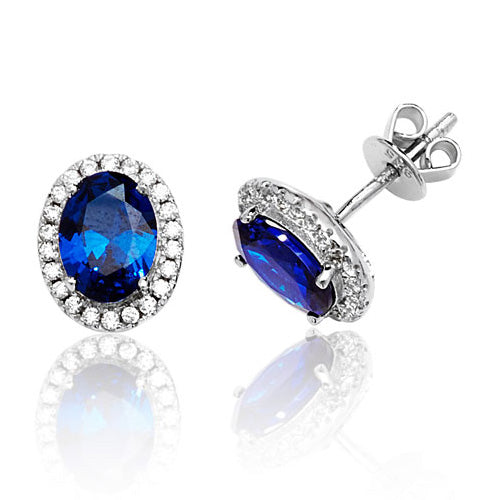 Ladies Silver Halo Style Oval Blue Colour Cubic Zirconium Stud Earrings