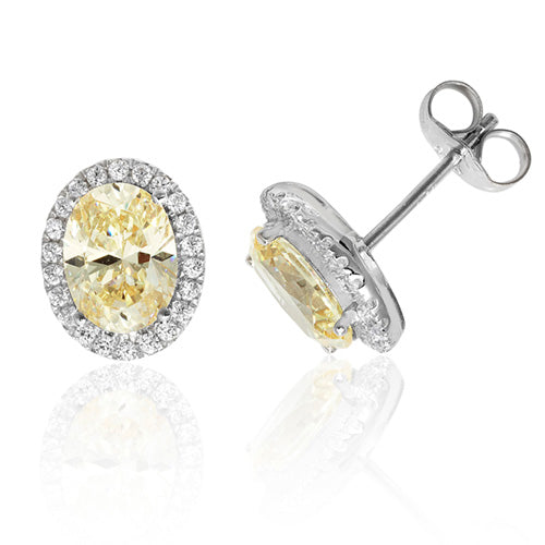 Ladies Silver Halo Style Oval Yellow Colour Cubic Zirconium Stud Earrings