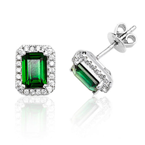 Ladies Silver Halo Style Emerald Cut Green Colour Cubic Zirconium Stud Earrings