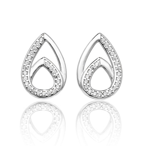 Ladies Silver London & Co Double Pear Shape Plain And Cubic Zirconium Rhodium Plated Stud Earrings With Silver Post And Butterfly