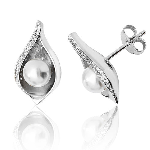 Ladies Silver London & Co Shell Design Pearl And Cubic Zirconium Rhodium Plated Stud Earrings With Silver Post And Butterfly