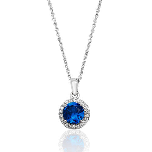 Sterling Silver Round Halo Blue Cubic Zirconia Pendant