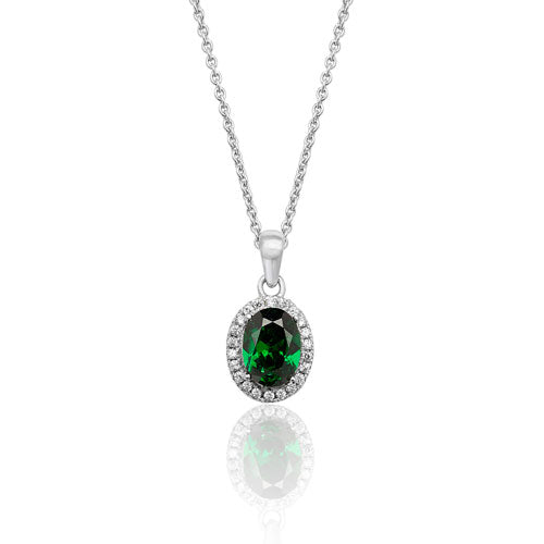 Sterling Silver Oval Halo Green Cubic Zirconia Pendant