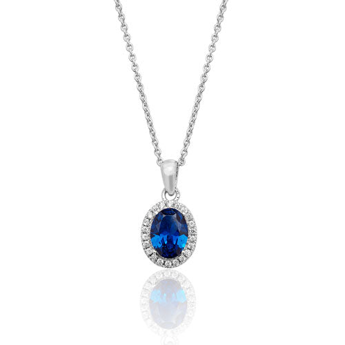 Sterling Silver Oval Halo Blue Cubic Zirconia Pendant