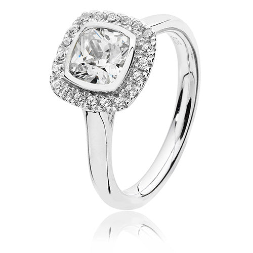 Silver Cushion cut Halo Cluster Cubic Zirconia Ring