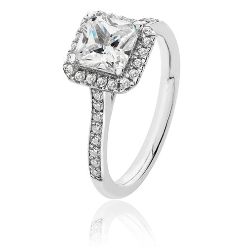 Sterling Silver Princess Cut Cubic Zirconium Halo Cluster Ring.