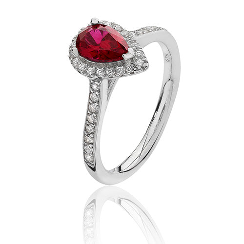 Sterling Silver Simulated Ruby and AAA Cubic Zirconium Pear Shaped Halo Cluster Ring