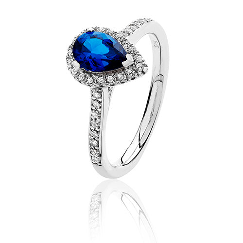 Sterling Silver AAA Cubic Zirconium and Simulated Sapphire Pear shaped halo cluster ring.