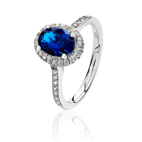 Silver Claw Set Oval Shape Halo Style Blue CZ Ring Rhodium Plated