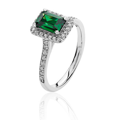 Sterling Silver Baguette Cut Simulated Emerald AAA Cubic Zirconium Halo Cluster Ring